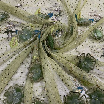 Κεντημένο Πράσινο Τούλι με Λουλούδια και Παγιέτες